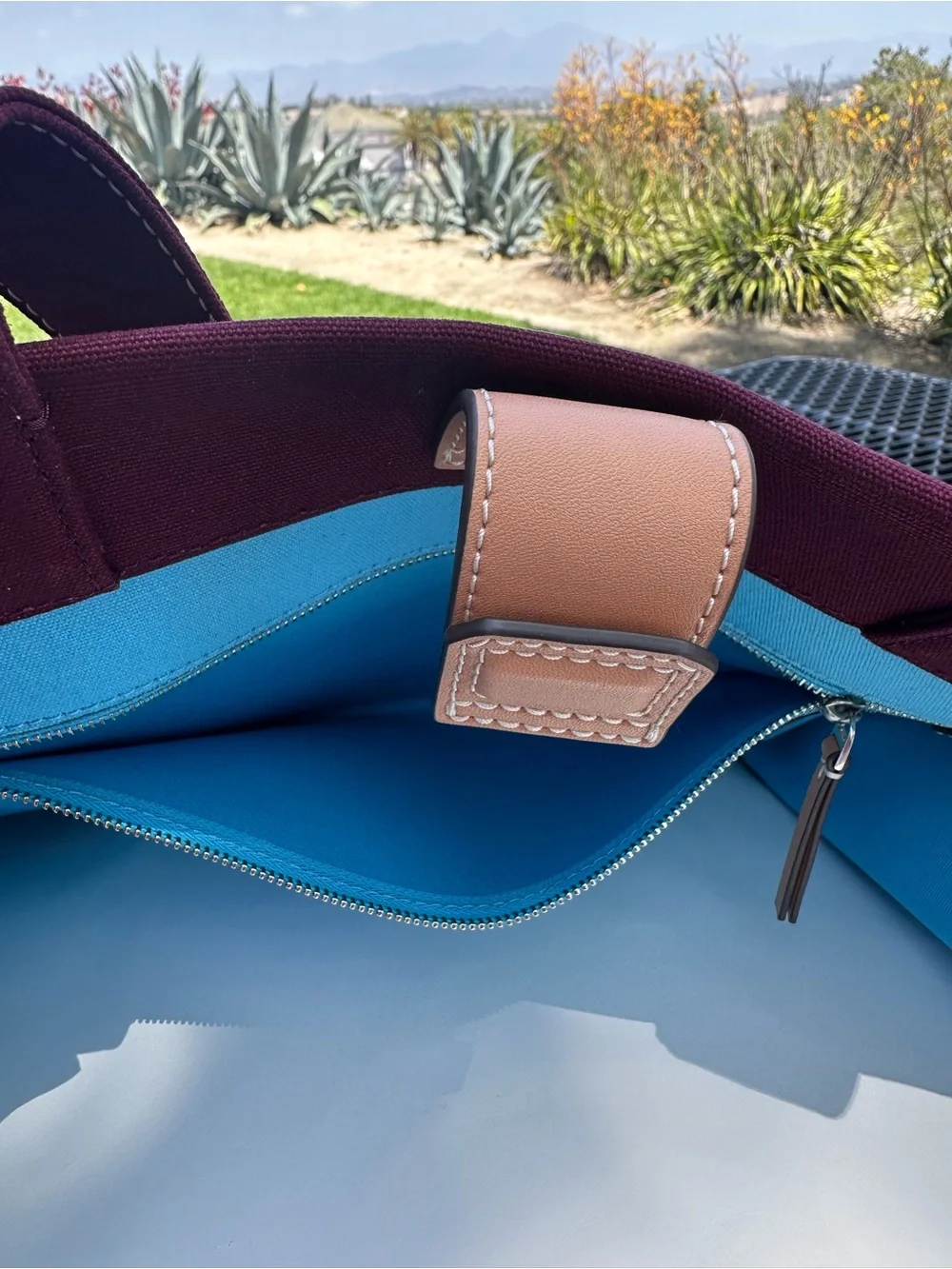 Tory Burch Turquoise Canvas Logo Tote with Navy Emblem